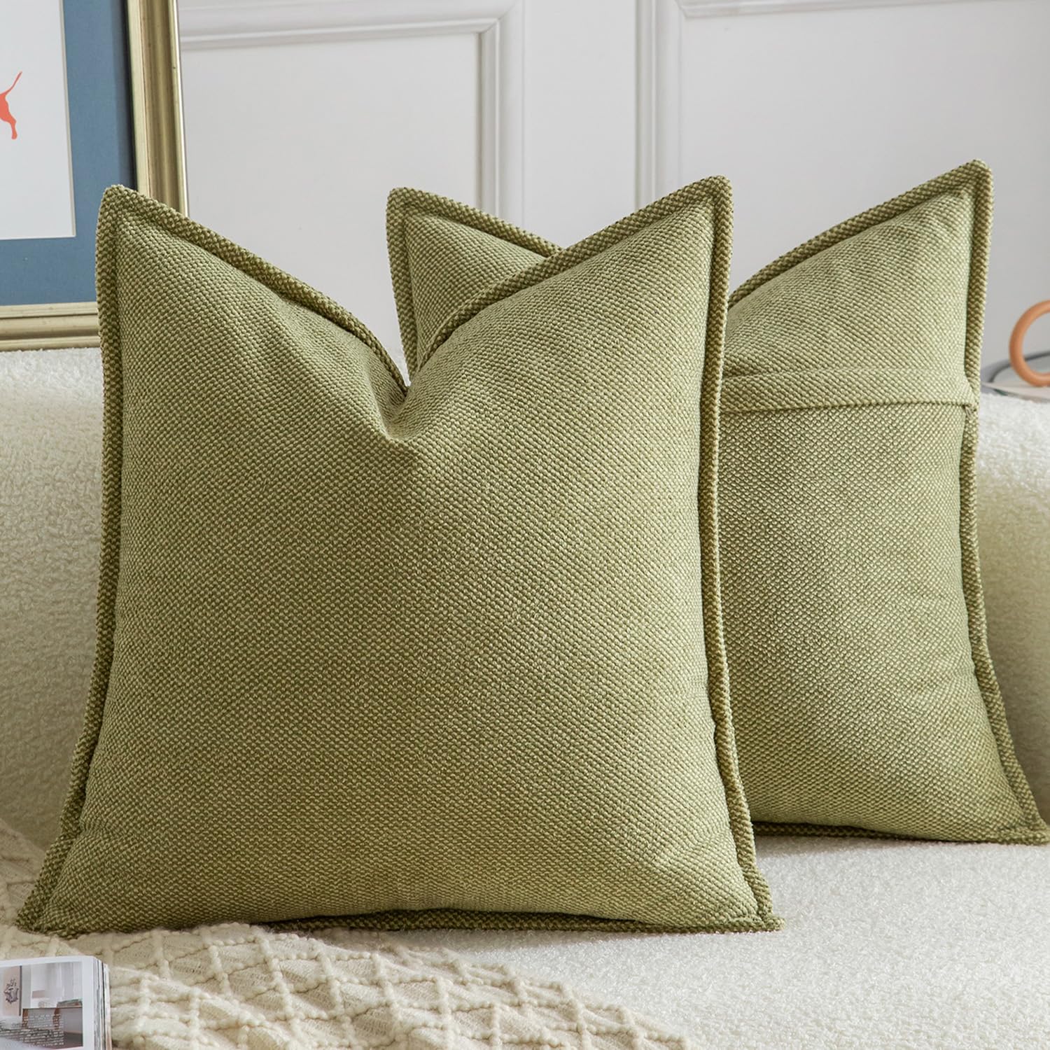 Madizz Decorative Chenille Light Green Cushion Covers 40x40 cm Pack of 2 Throw Pillows for Couch Sofa Boho Accent Pillow Cases for Bed Cushion for Bedroom Living Room Modern Home Decor