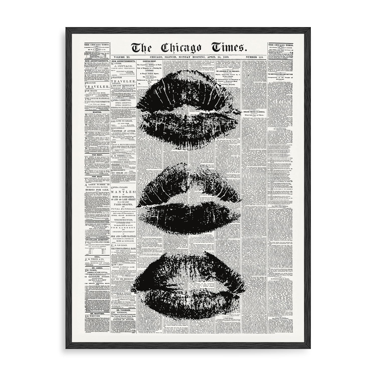 Vintage Newspaper Wall Art,Black and White Lip Print Modern Fashion Canvas Prints for Girls Bedroom Living Room Decor 12x16 in Unframed