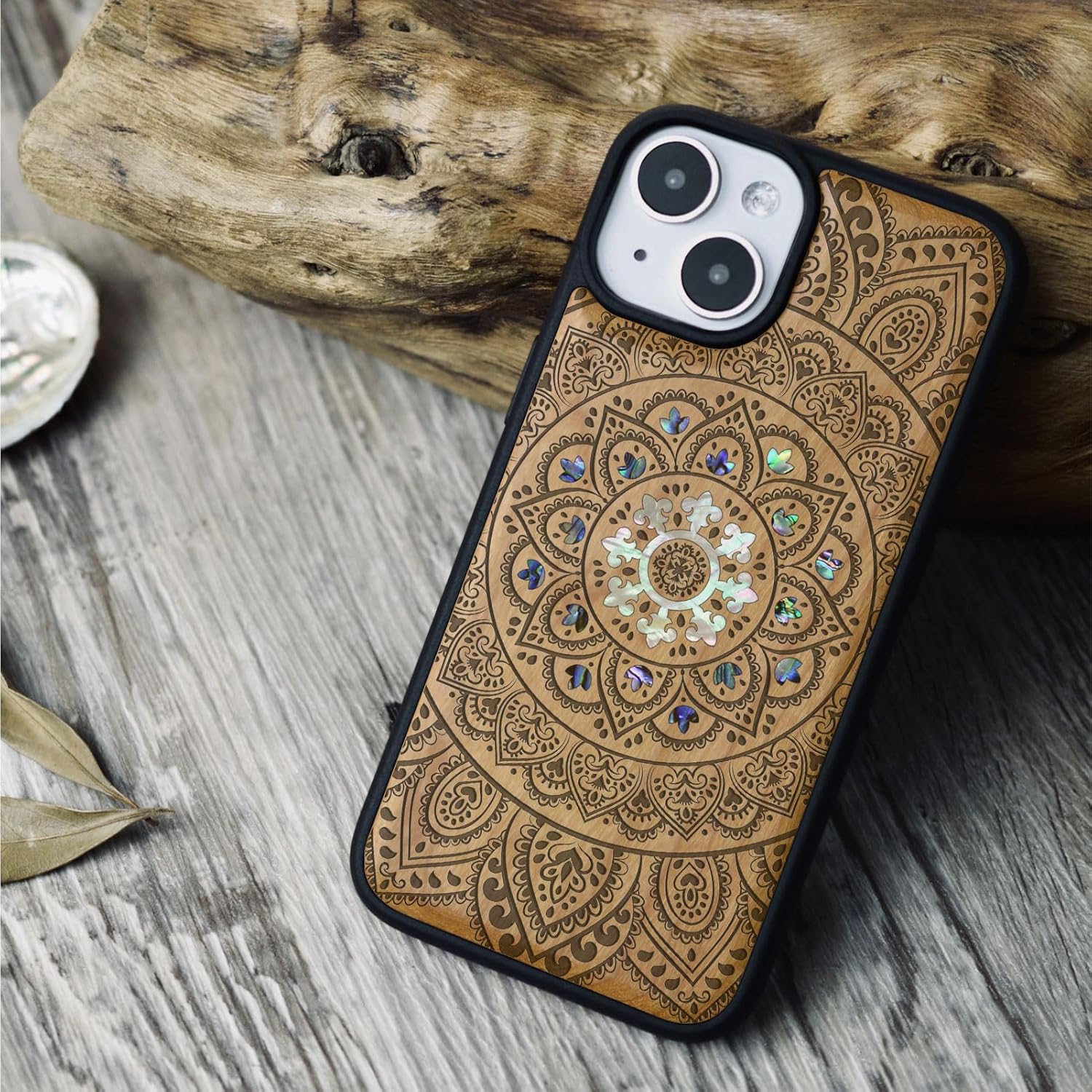 Carveit Designer Wooden Protective Magnetic Case for iPhone 14 Plus Case [Wood Engraving & Shell Inlay] Compatible with 14 Plus MagSafe (Mandala Floral-Cherry)