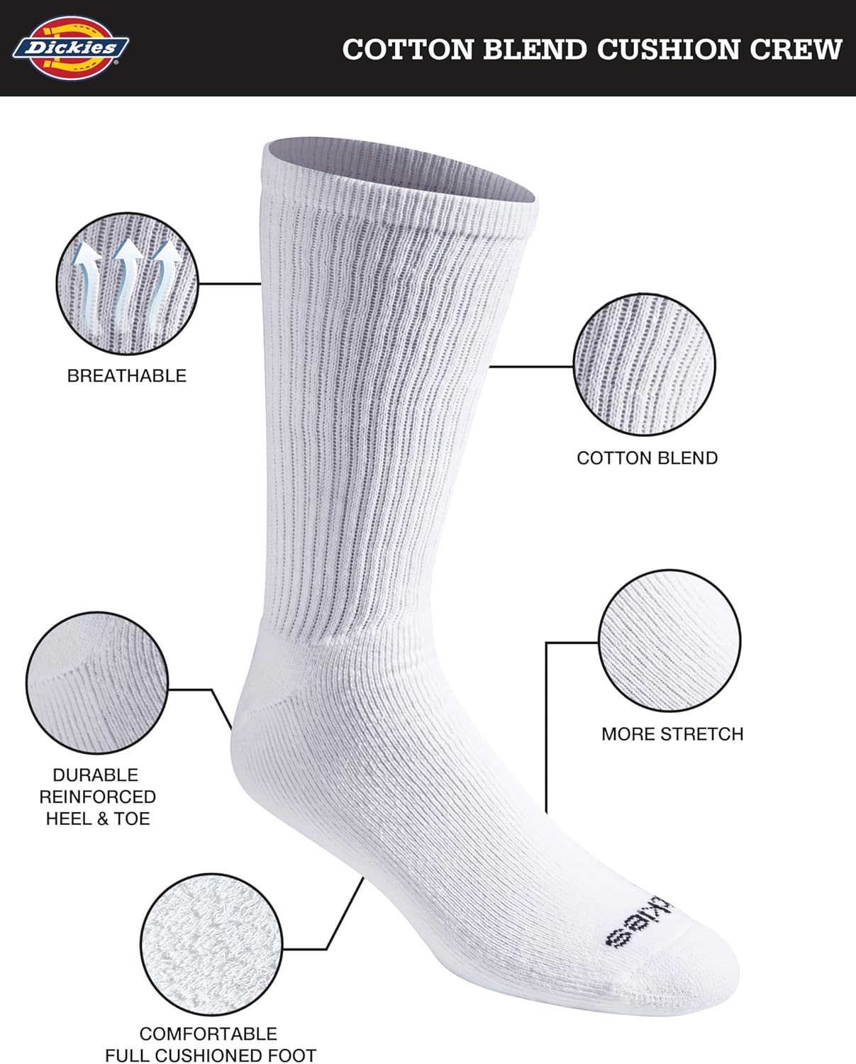 Dickies Men's Cotton Blend Cushioned Work Crew Socks, Available in L-XL (18, 36 Pairs)