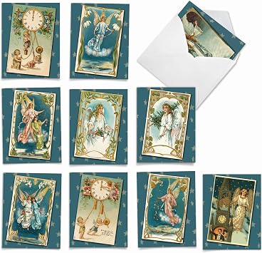 The Best Card Company - 10 Religious Christmas Note Cards 4 x 5.12 Inch - Boxed Angel Greeting Cards, Assorted Set Not Foil - Blue Angels M1756XS