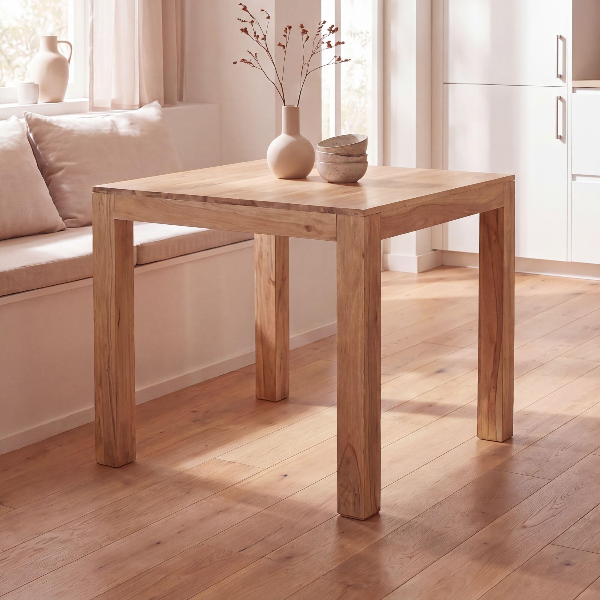 FineBuy Mesa de Comedor de Madera Maciza de Acacia 80 x 80 x 76 cm, Diseño Contemporáneo Rústico, Marrón Oscuro | Pequeña mesa de comedor para 4 personas con 4 patas estables, mesa de cocina de madera auténtica, hecha a mano única