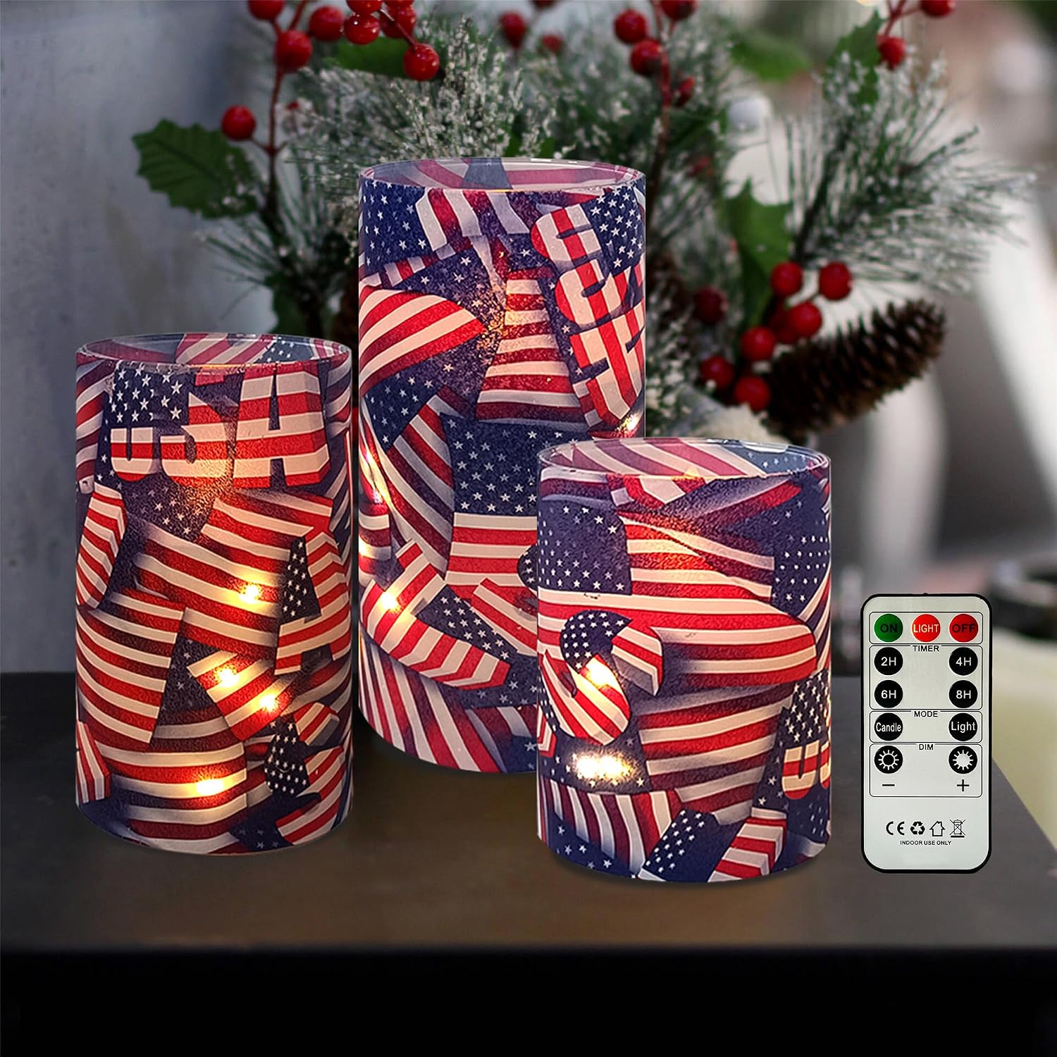 Printed Flameless Candles with String Lights - Set of 3 USA Flag Battery Operated Candle Flickering Floral LED Pillar Candles with Timer Remote for Home Decor Romantic Ambiance,Flag