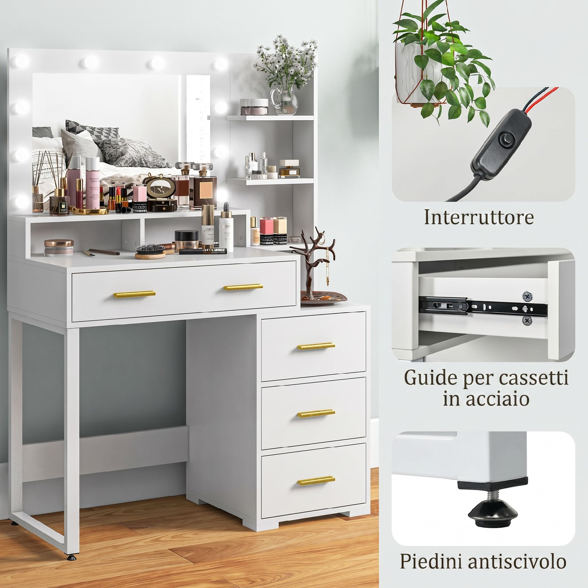 HOMCOM Postazione Trucco con Luci LED con 4 Cassetti 100x40x138 cm Bianco | Tavolo Toeletta Moderno, per Camera da Letto, 6 Ripiani Aperti, Specchio, Toeletta Trucco