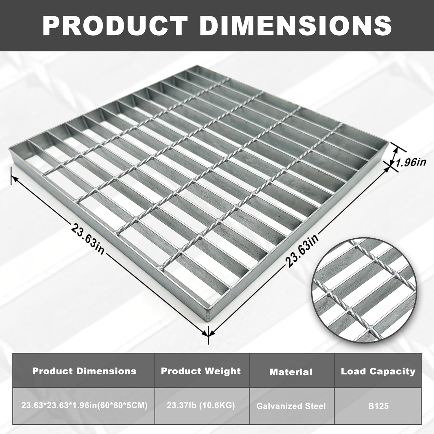 Galvanized Steel Drain Grate, B125 Class Sewer Grate, Weather-Resistant Outdoor Drain Cover, Heavy Duty Channel Grate, Silver Square Drainage Grate (23.62 inx23.62 in)