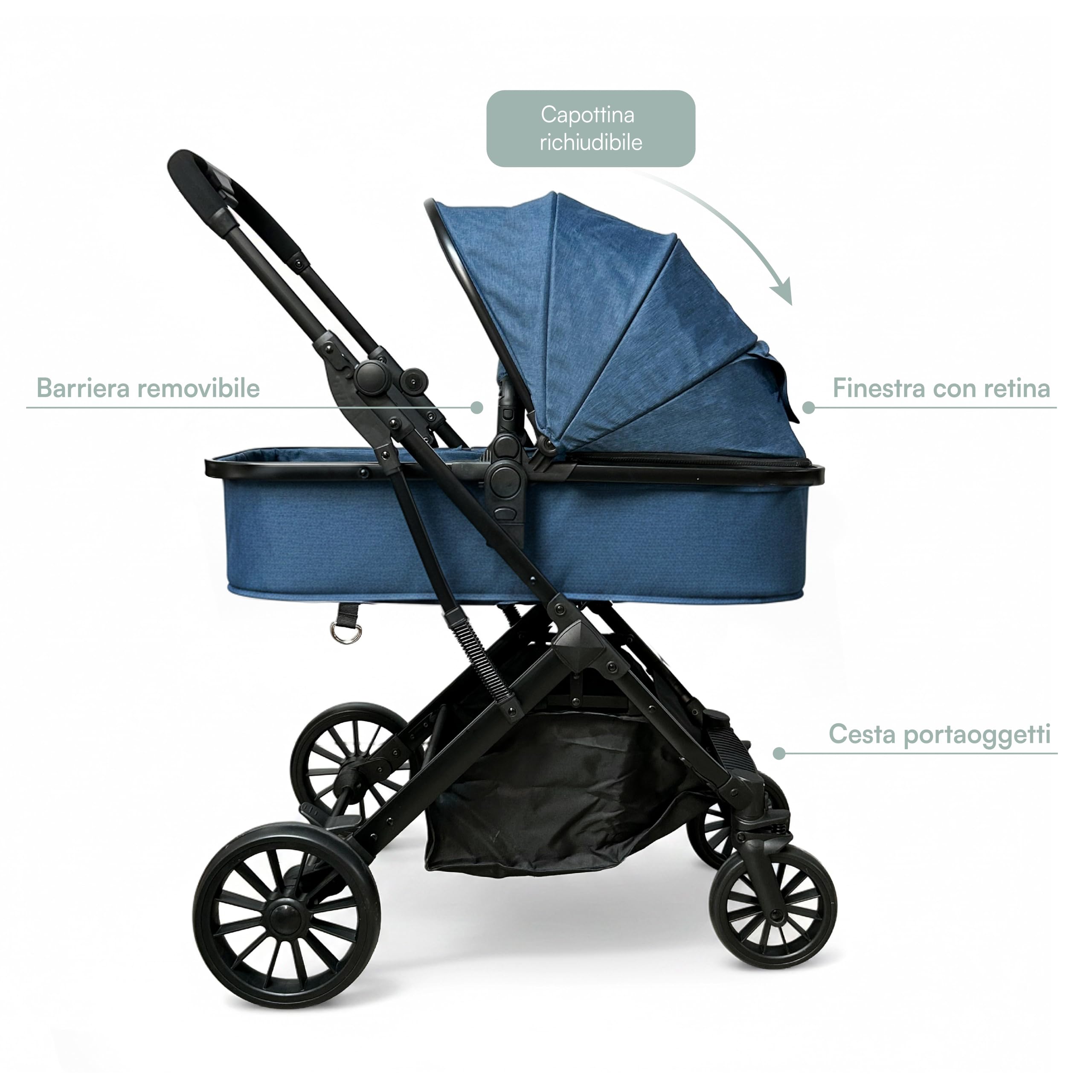 Passeggino Trio 3 in 1 con Navicella, Ovetto e Borsa Mamma, Reversibile, Schienale Reclinabile, Chiusura Compatta, 6-36 Mesi (Blu)