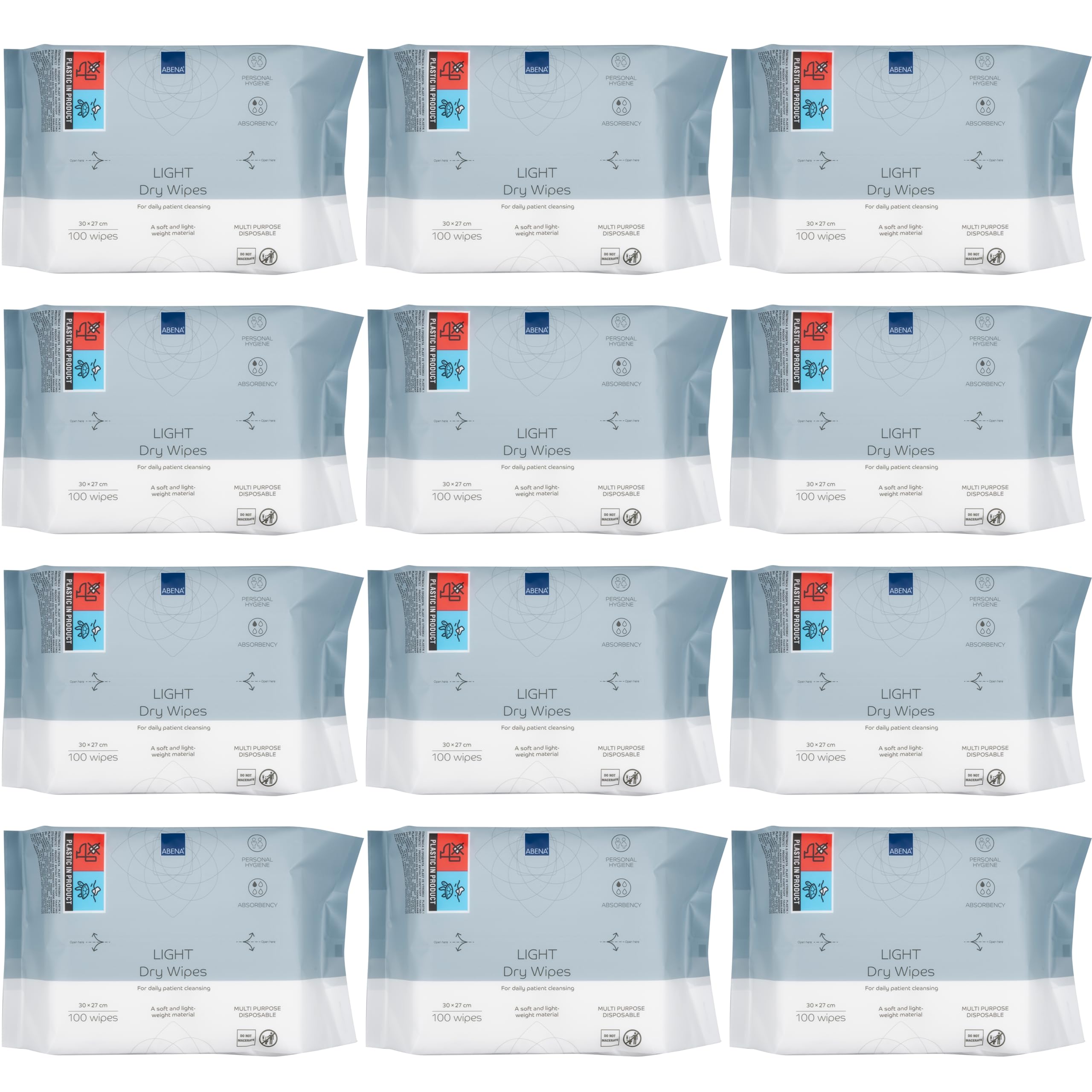ABENA Light Dry Wipes, 12 Packs of 100 Wipes, 30 x 27cm, Absorbency Level 1, Multifunctional Cleansing, Easy & Effective Everyday Cleaning, Disposable Towels