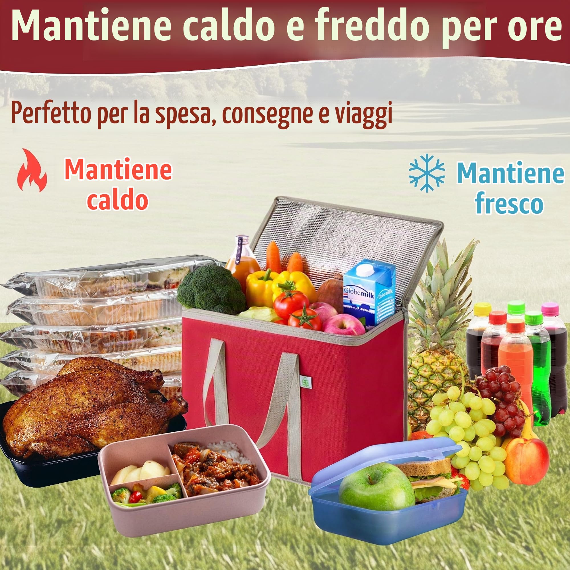 VENO Borsa termica riutilizzabile, borsa frigo grande con coperchio, manici durevoli, cerniere doppie, borsa spesa resta in piedi, pieghevole borsa porta pranzo, borse da picnic