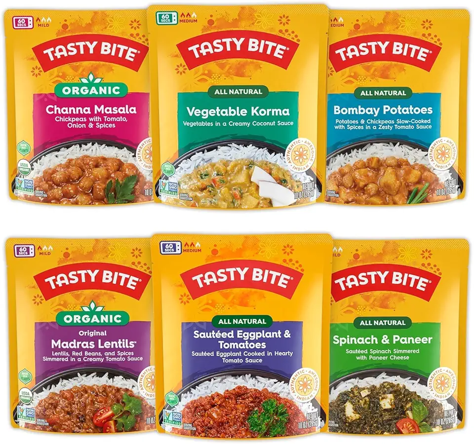 Tasty Bite Variety, Pack of 6, Bombay Potatoes, Kashmir Spinach, Punjab Eggplant, Channa Masala, Madras Lentils, Vegetable Korma