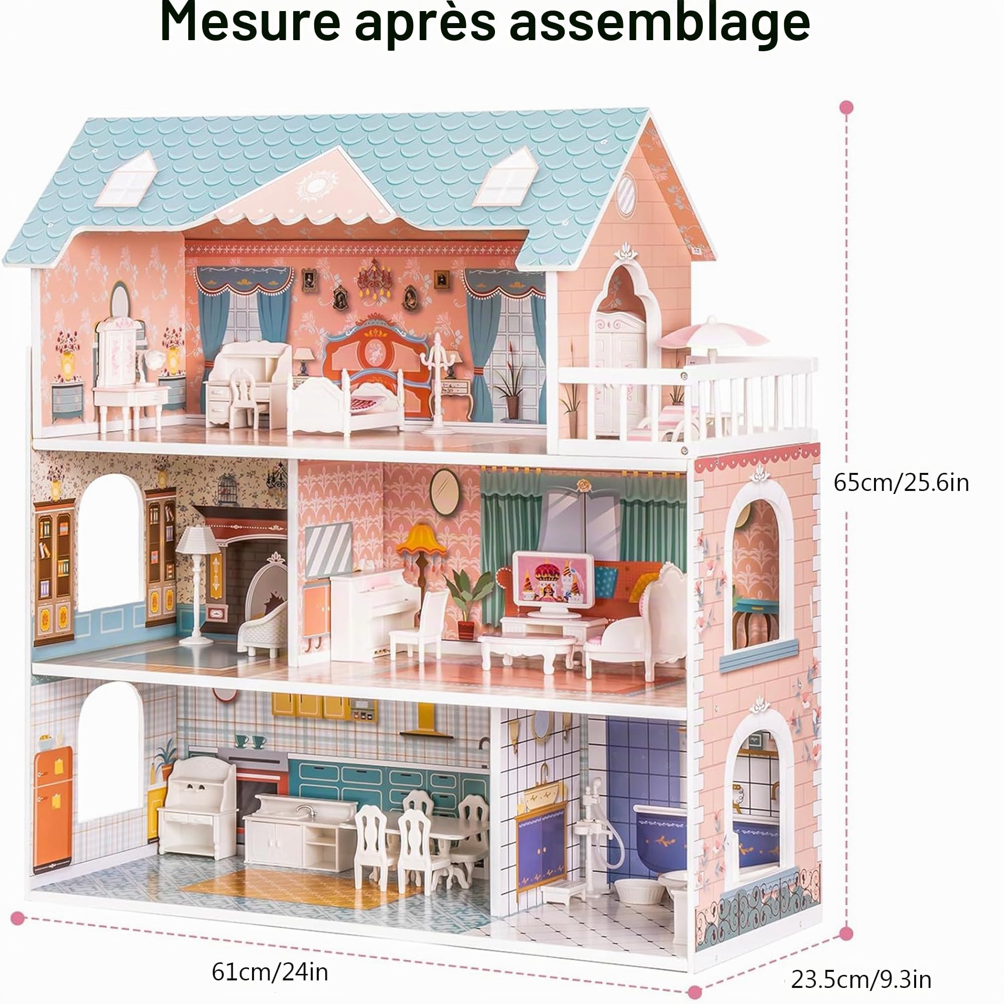 ROBUD Maison de Poupée en Bois avec Meubles et Accessoires Maisons de Filles Playhouse Salle de Jeux Jouets pour Enfants