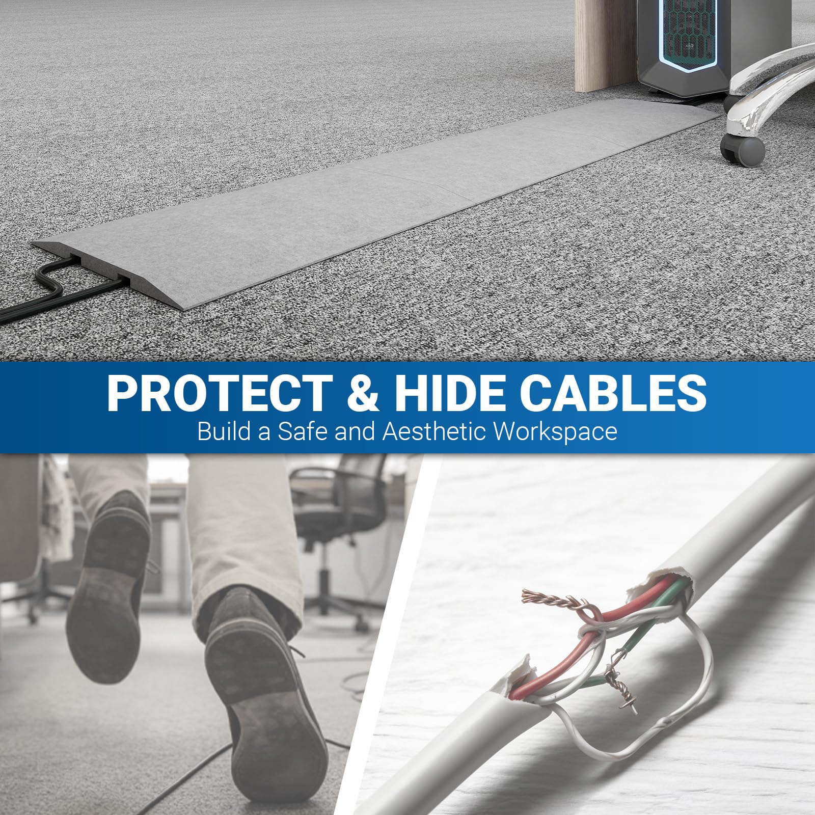 PUNCIA Cubierta de fieltro para cables de suelo con 2 canales, ocultador de cables de perfil bajo para alfombras, tira de gestión de cables de 160 cm con velcro y cinta 3M para oficina, exposición