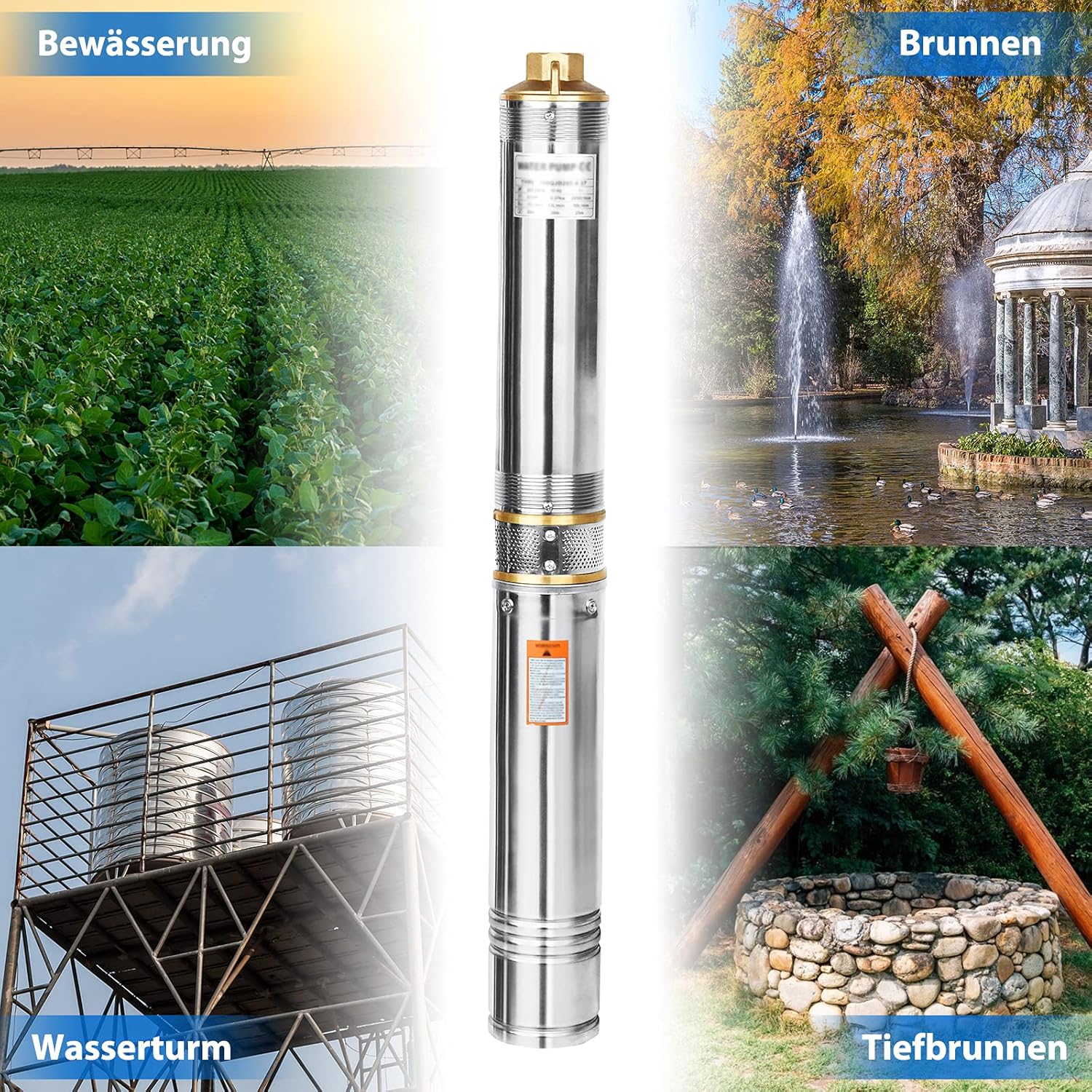 Various applications of the deep well pump, including irrigation, fountains, water towers, and deep wells.