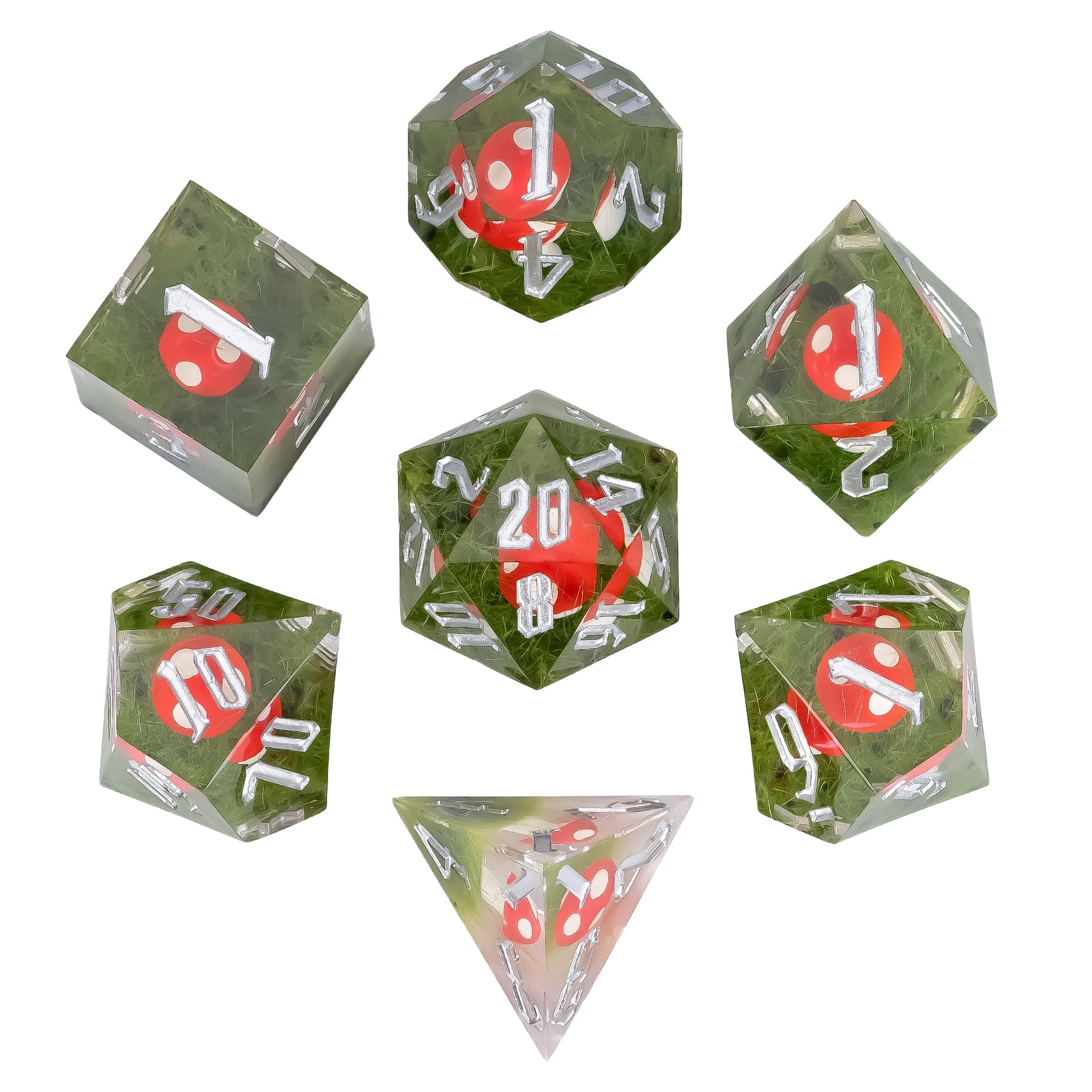 Cusdie 7-Piece Sharp Edges DND Dice Set including Red Mushroom in Elegant Box Perfect for RPG Tabletop Gaming Dungeons and Dragons Role Playing Game