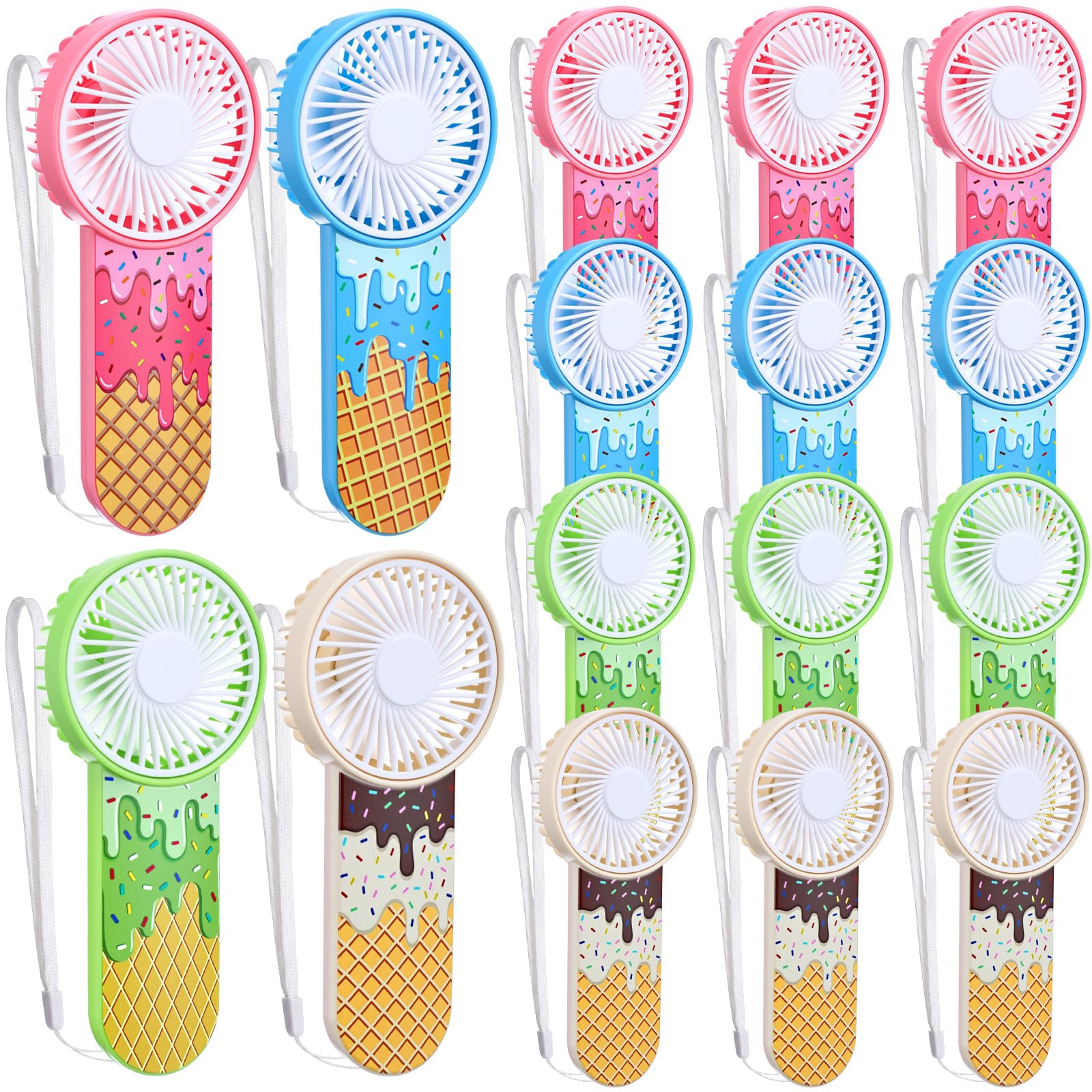 VIHOSE 12 Pcs Mini Handheld Fans Bulk Summer Ice Cream Drip Party Favors | Electric Portable Battery Operated Hand Held Fans with Lanyard for Team Gift Outdoor Sport Battery Not Include