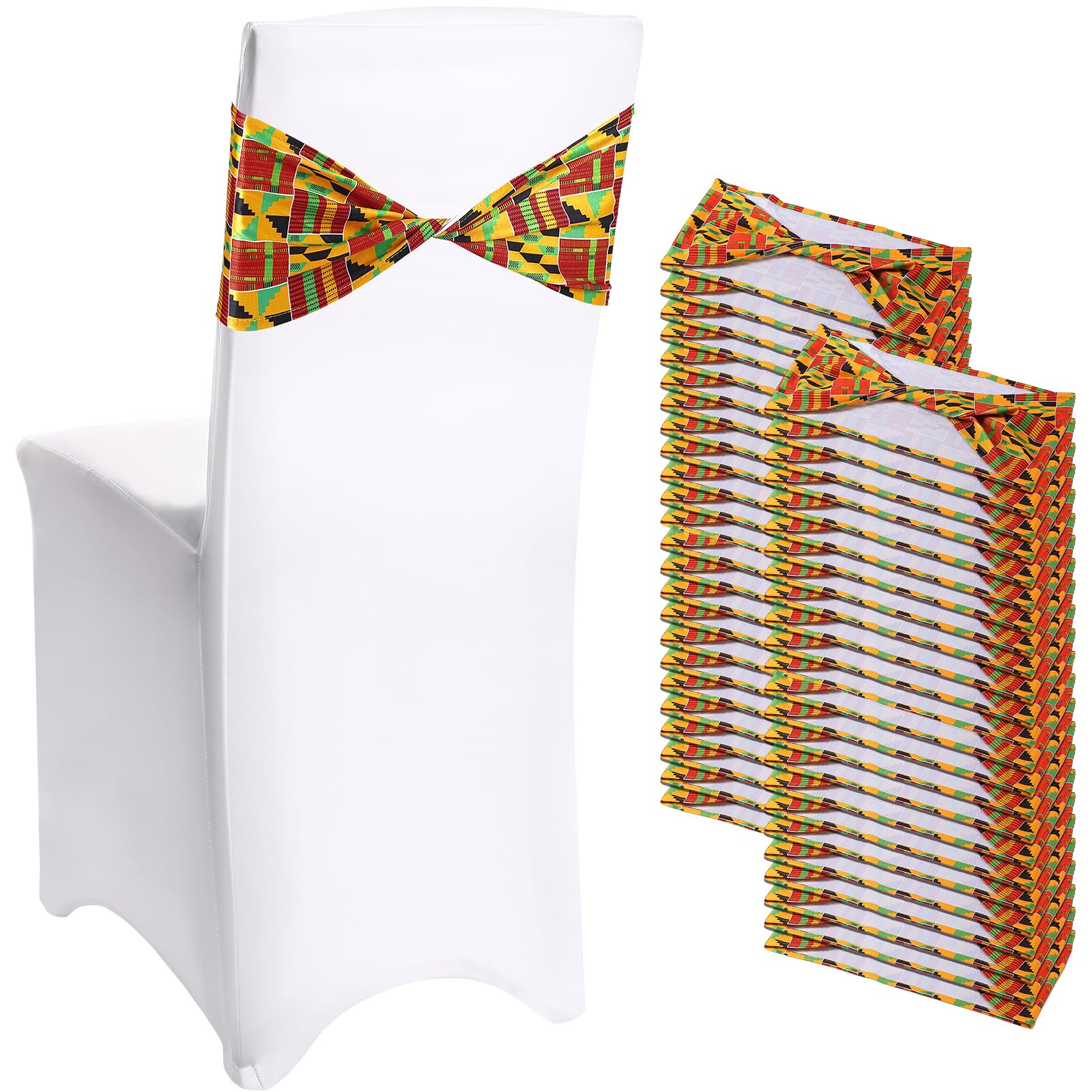 Newwiee Spandex Chair Bands Animal Print Elastic Sashes Bow Polyester Chair Cover Bands Ties Without Buckle for Animal Jungle Theme Party Birthday Decor(African Kente Print,48 Pcs)