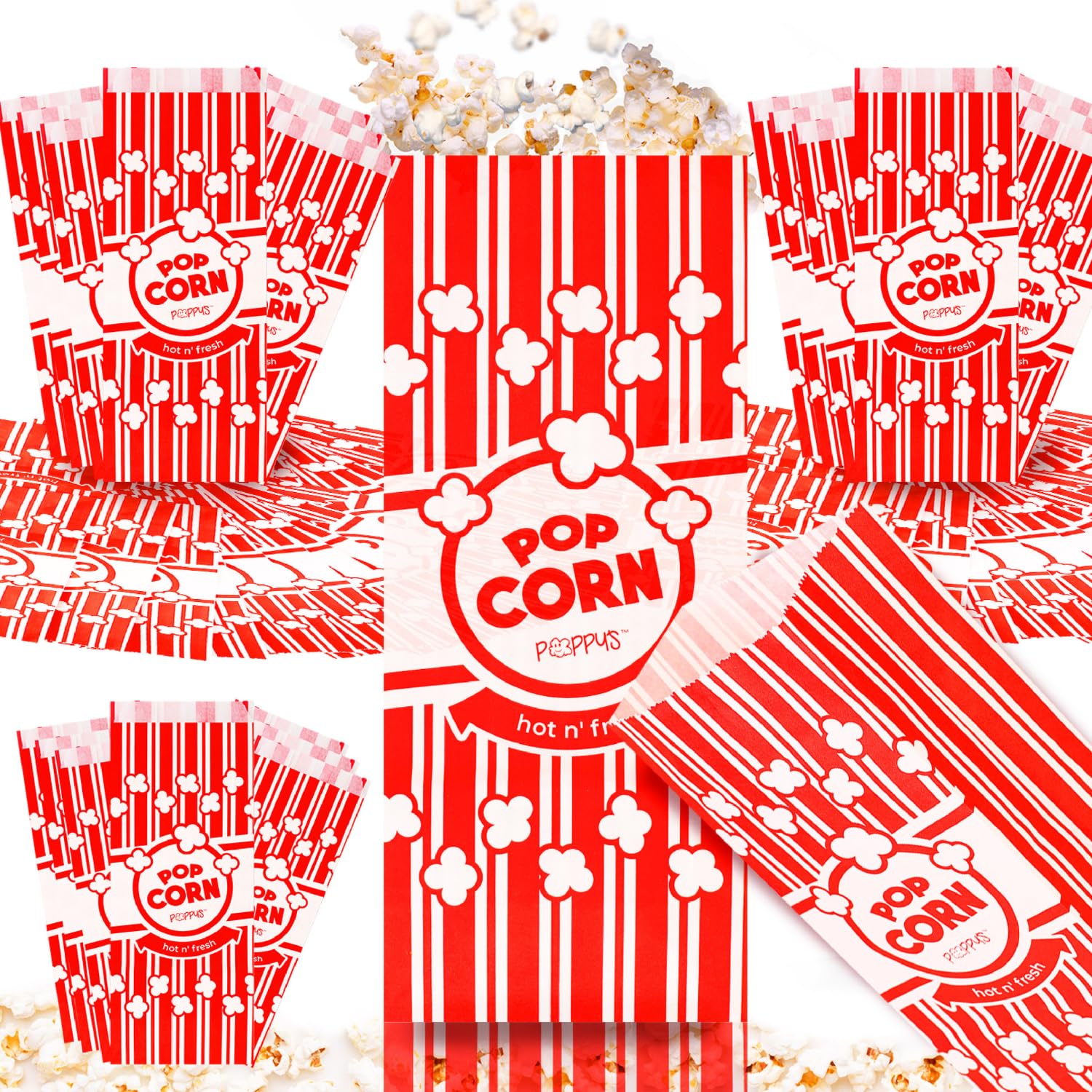 Poppy's Bolsas de papel para palomitas de maíz – 500 bolsas de grado concesionario de 2 onzas, accesorios para máquinas de palomitas de maíz para barras de palomitas de maíz, noches de cine,