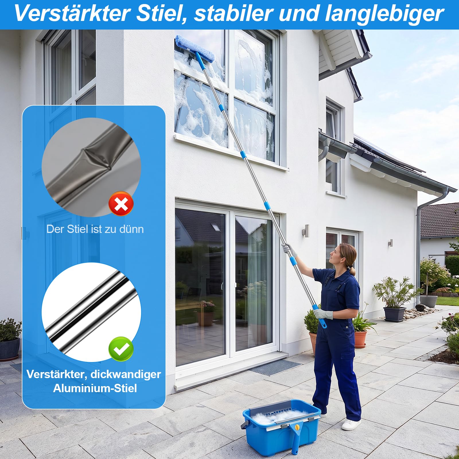 Fensterputzer Set, 3,25m Profi Teleskopstange Fensterreinigung mit Fensterputzeimer 12L, Fensterreiniger Set mit 35,5CM Fensterwischer, Fenster Reinigungsset für Haus, Fenster, Glas, Auto, Outdoor