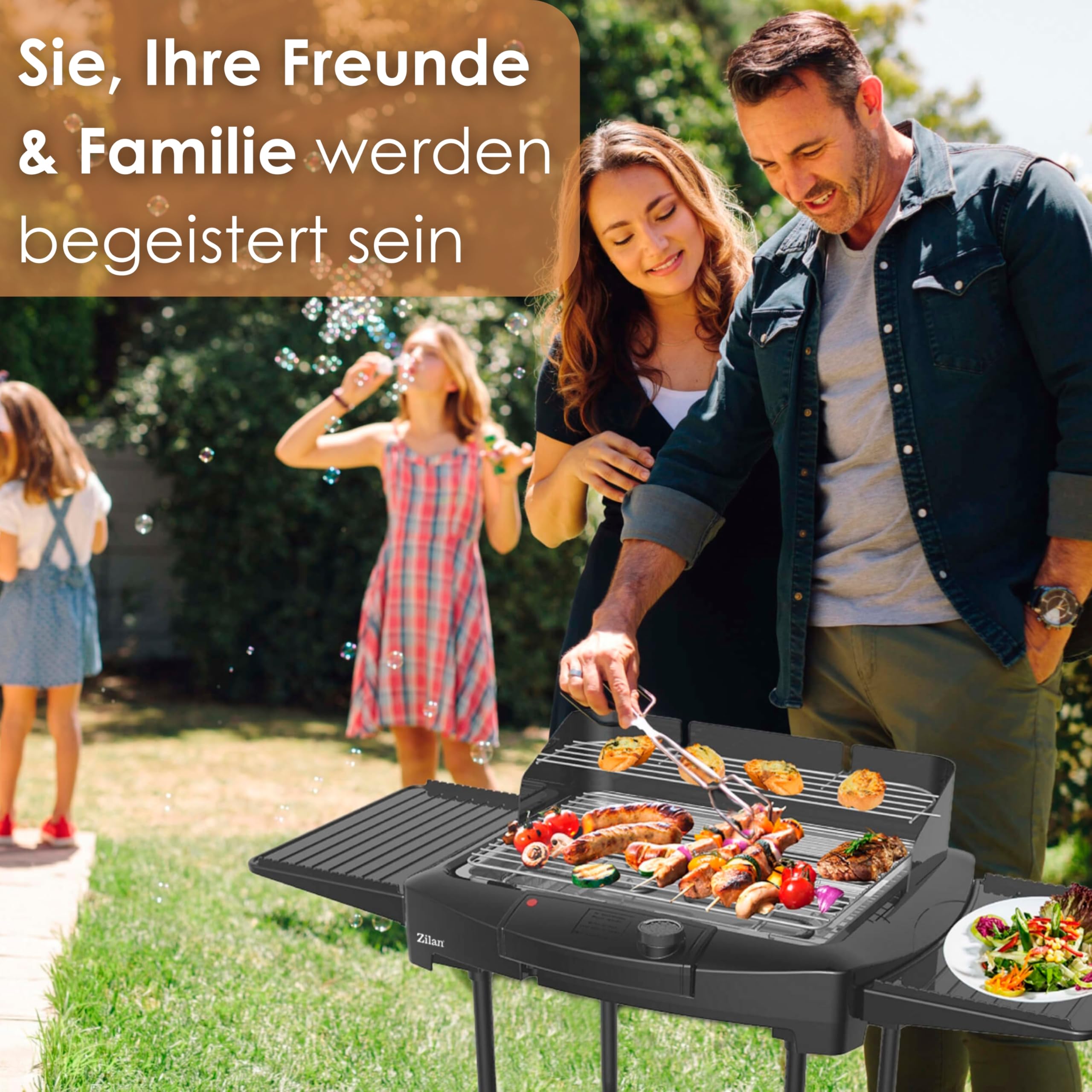 2in1 Elektro Grill Standgrill Tischgrill elektrisch 2.400 Watt - Elektrogrill für Balkon, Draußen & Drinnen mit Standfuß große Grillfäche Stufenloser Temperaturregler elektrischer BBQ Grill