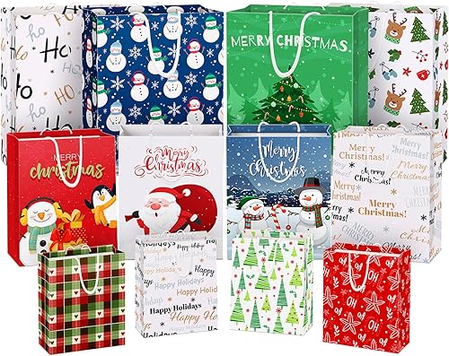 Paquete de 12 bolsas de regalo de Navidad con asas de algodón suave, bolsas de Navidad con 12 diseños para regalos, compras, fiestas, bolsas de