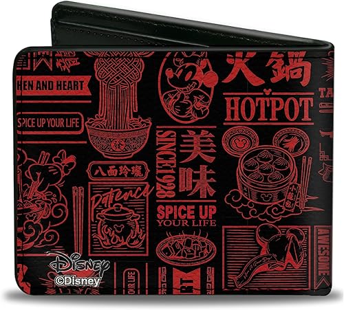 Miniatura 2 de Buckle-Down Billetera de Disney para hombre, plegable, diseño de Mickey Mouse con collage de porcelana negro y rojo, cuero vegano, 4.0 x 3.5