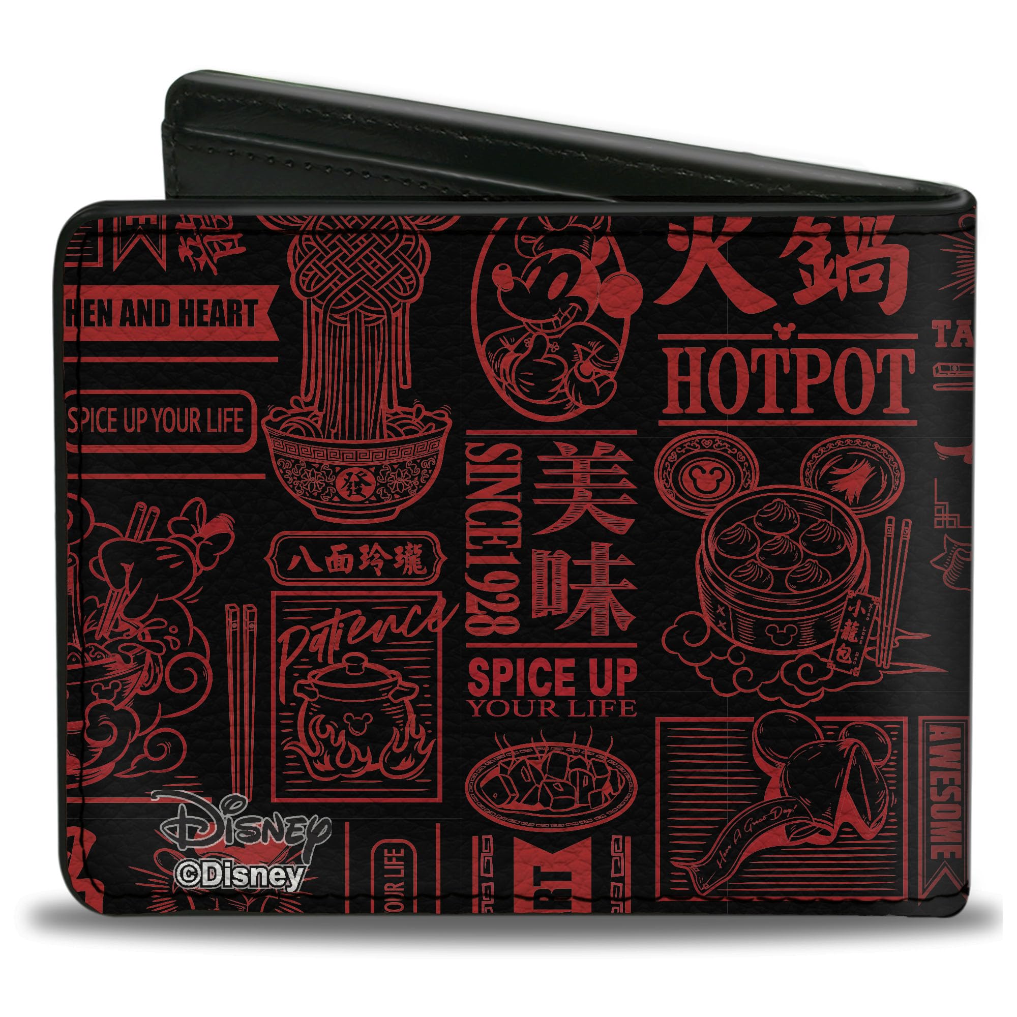 Buckle-Down Men's Disney Wallet, Bifold, Mickey Mouse Tasting China Collage Black Red, Vegan Leather, 4.0