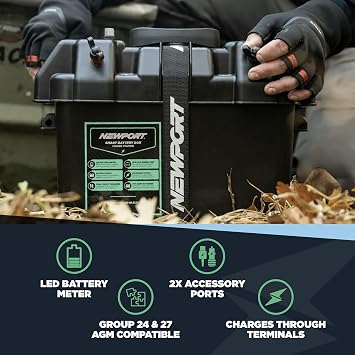 Newport Smart Trolling Motor Battery Box Power Center with USB Port plus Newport 12V50Ah Deep Cycle Heavy-Duty Marine Battery, Sealed AGM Kit, Everything Needed to Operation Motor
