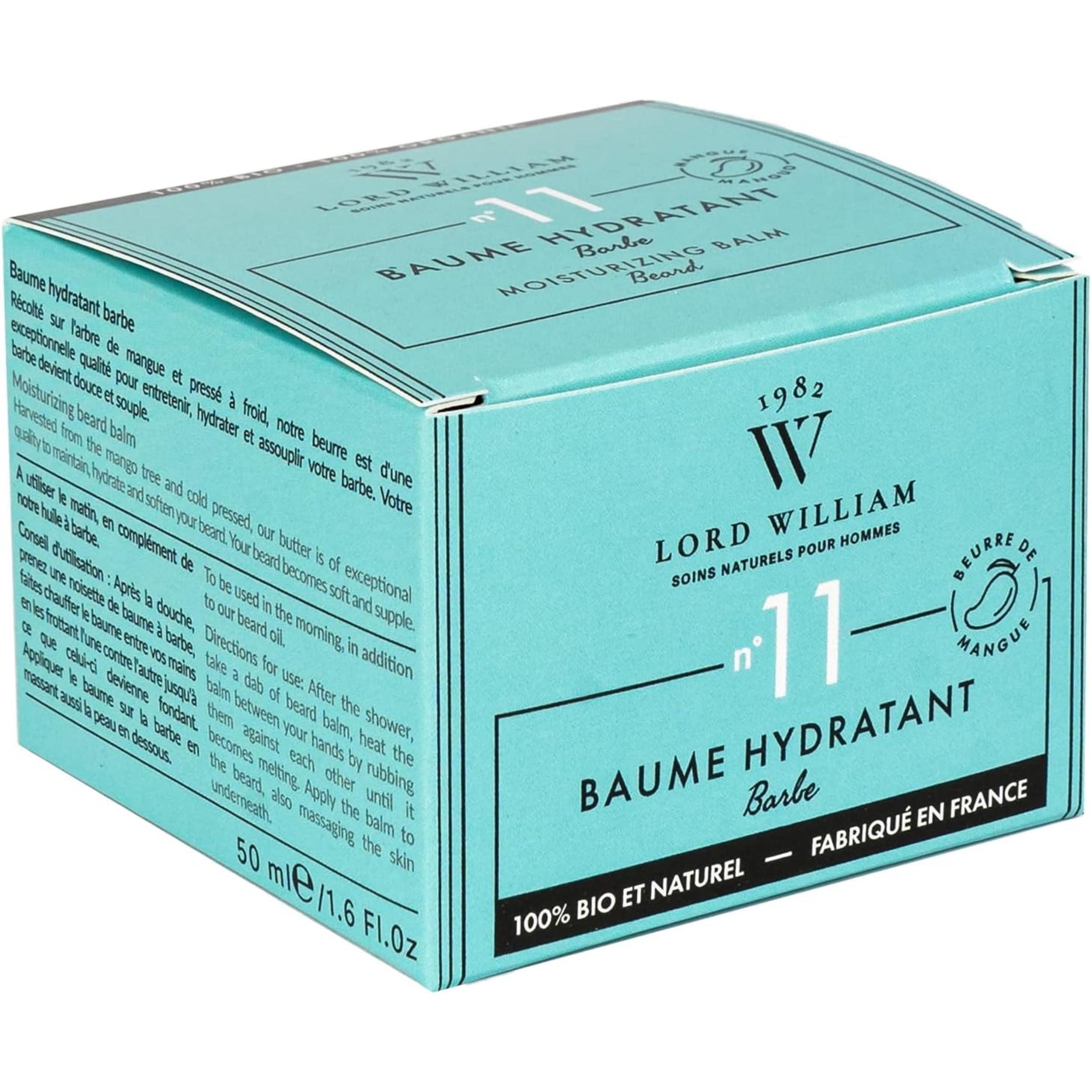 Lord William - N°11 Bálsamo para barba de manteca de mango, para todo tipo de barba - 100% natural y sin perfume - Bio Bio - Made in France - Tarro de 50 ml