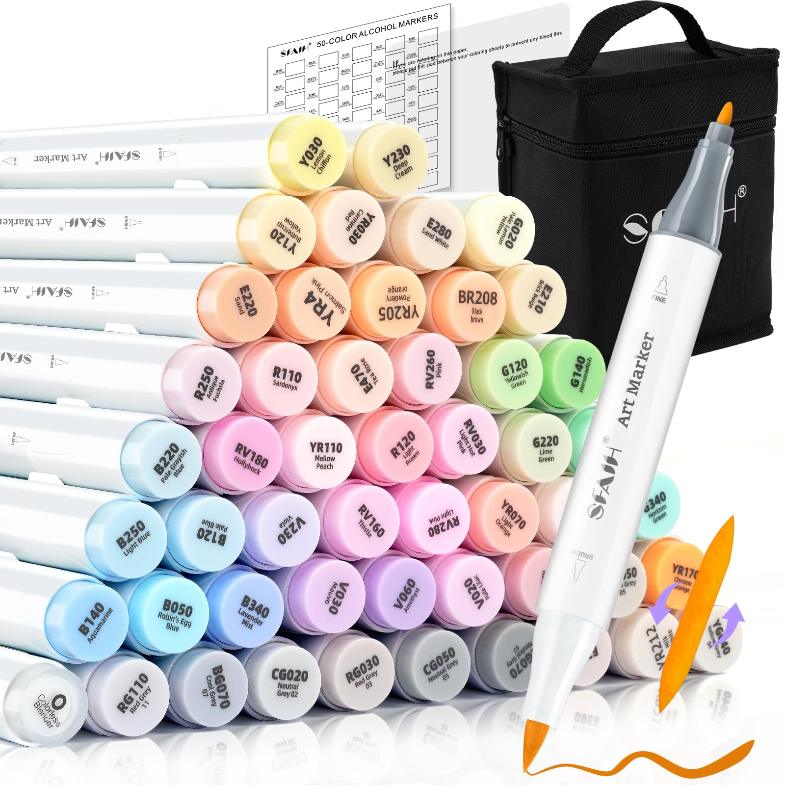 SFAIH51 Pastel Alcohol Markers Brush Tip - Brush & Fine Dual Tip, Art Markers for Artist Illustration, Adult Coloring Books, Gifts for Artist Adult, Colorless Blender, Enjoy Blending, Carrying Case