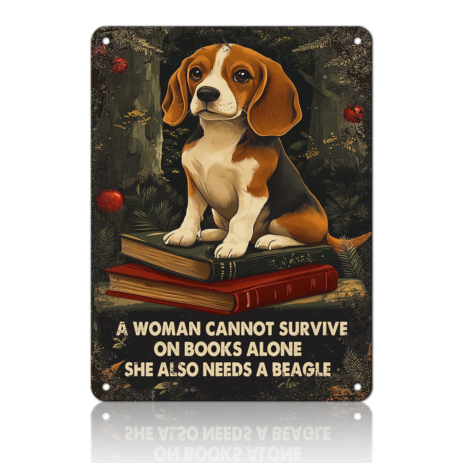 Anceky Funny Metal Tin Signs A Woman Cannot Survive on Books Alone She Also Needs A Beagle Vintage Metal Sign Retro Wall Decor for Home Bar Pub Cafe Garage Man Cave Garden Yard 8×12 Inch