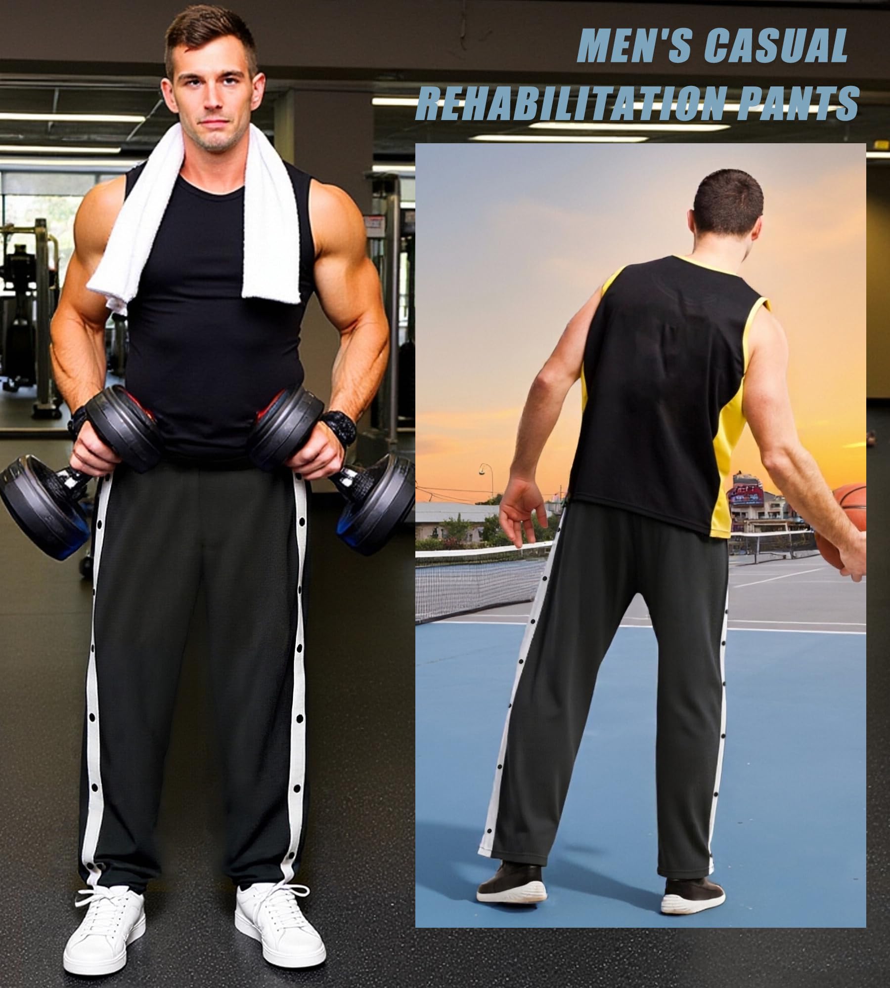 Pantalon de Jogging pour Homme Pantalon de rééducation Ouverture Latérale Pantalon de Survêtement avec Boutons Pression Baggy Pantalons de Sport Postopératoire Fitness Jogging