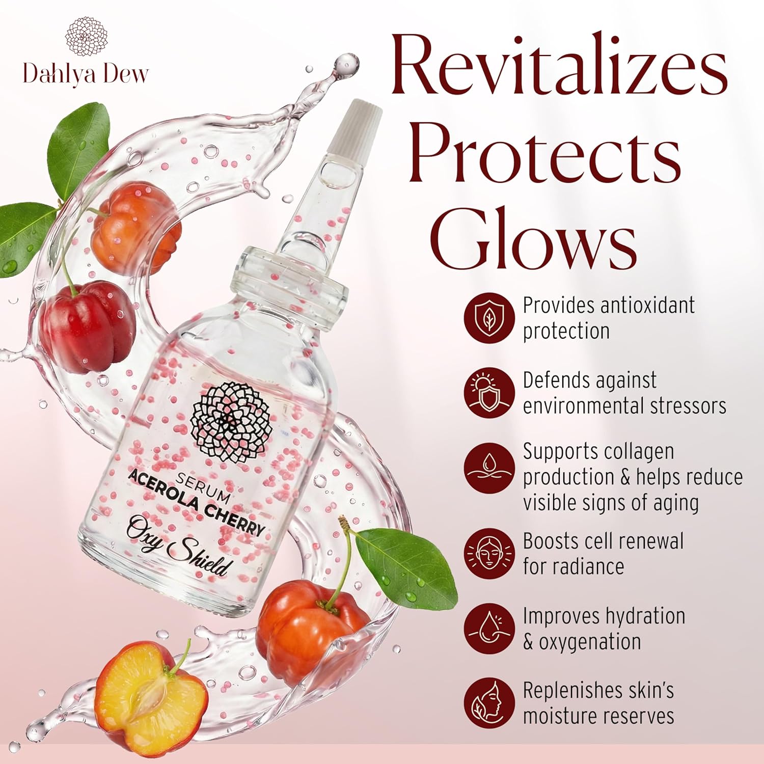 Dahlya Dew Acerola Oxy Shield Face Serum | Natural Vitamin C Brightening | Brazilian Skincare | Brightens & Evens Skin Tone | Hydrates & Anti-Aging | Firms & Renews Skin | 30ml | Made in Brazil