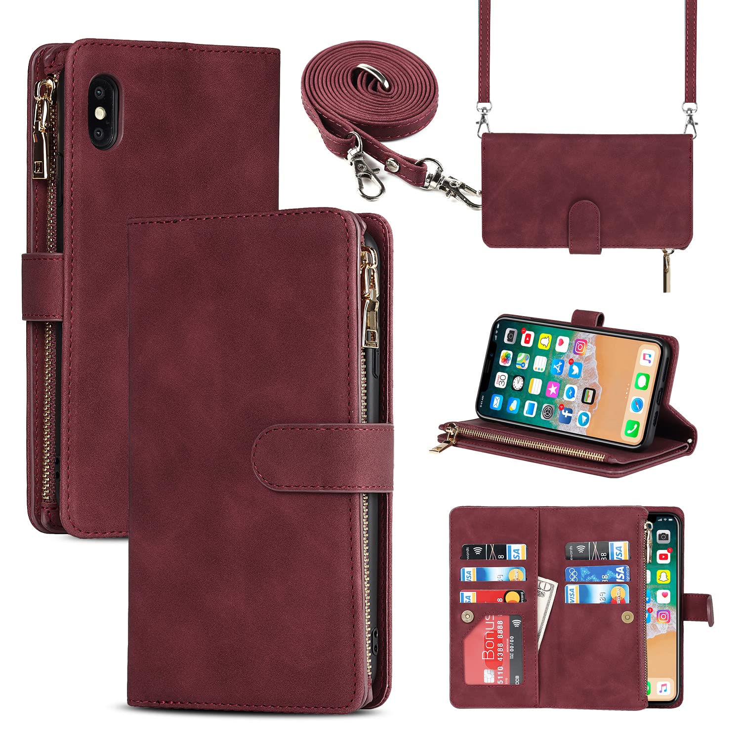 ELISORLI Portafoglio Con Custodia In Pelle Per IPhone Xs Max – Copertura Con Supporto E Cinturino Da Polso - 4