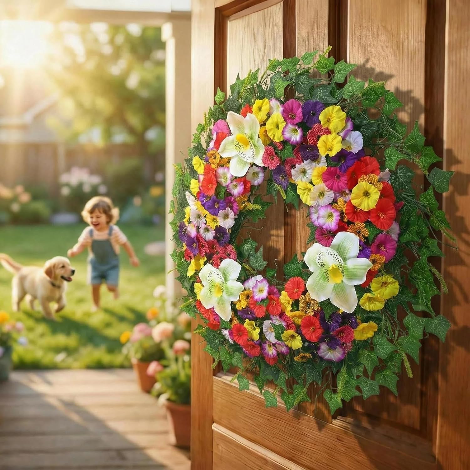 24 Inch Large Spring Summer Wreaths for Front Door, Valentines Day Door Wreath with Colorful Blossoms Magnolia Natural Leaves, Spring Summer Door Wreath for Wall Window Porch Wedding Indoor Outdoor - Image 4