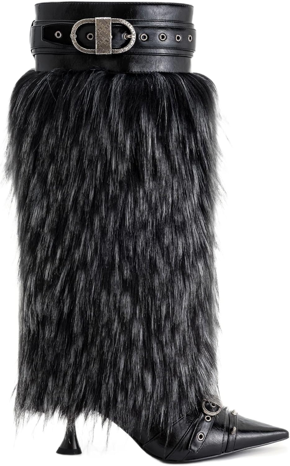 Women's Fur Knee-High Boots Pointed Toe Cone Kitten Heels Leather Strap Mid Calf Boots Fall Winter Long Boots Party Boots Available in Black, Pink, and Blue