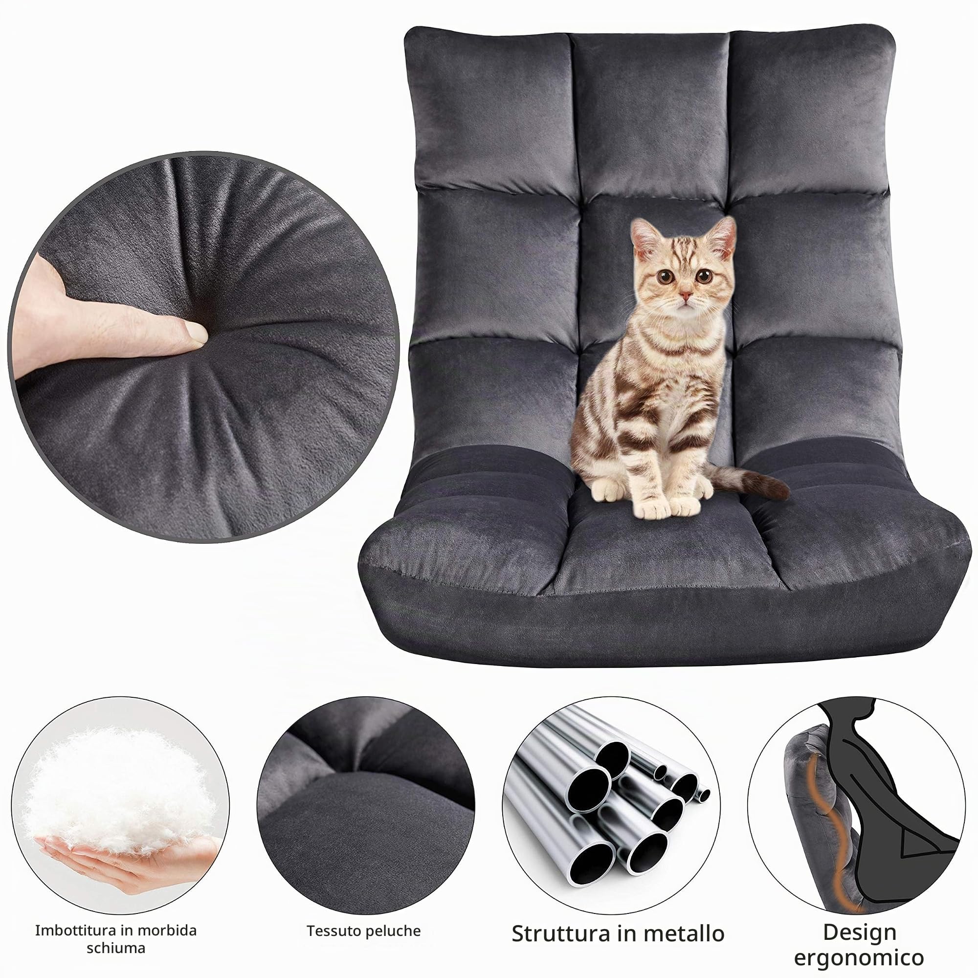 Yaheetech Sedia da Pavimento con Schienale Regolabile Poltrona Imbottita da Gioco/Yoga/Meditazione/Ufficio Domestico/TV/Lettura Grigia | Colore Grigio, Inclinazione 90°-180°, Telaio in Metallo, Per Lettura, TV, Meditazione, Casa e Ufficio
