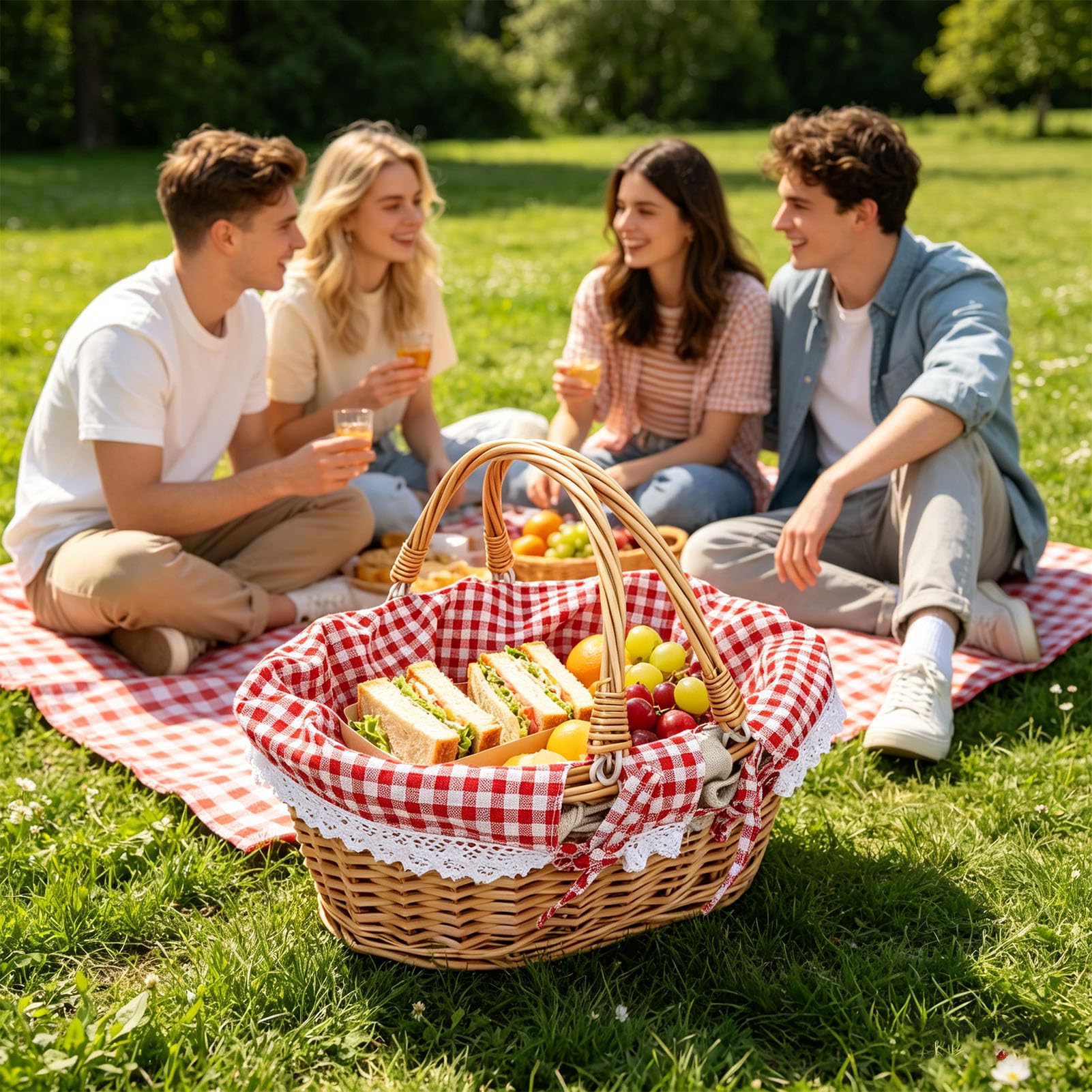 Tosuny Cestino da Picnic in Vimini, Cesto da Picnic Ovale Intrecciato con Doppi Manici Pieghevoli, Fodera Staccabile, Grande Cestino Vintage per Campeggio all'aperto (Griglia Rossa)