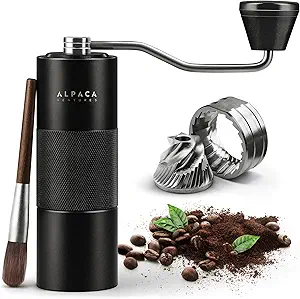 Manual Coffee Grinder by Alpaca Ventures - Stainless Steel Conical Burr Coffee Grinder Manual with Adjustable Setting Double Bearing Hand Espresso Grinder Perfect for Home, Office and Camping