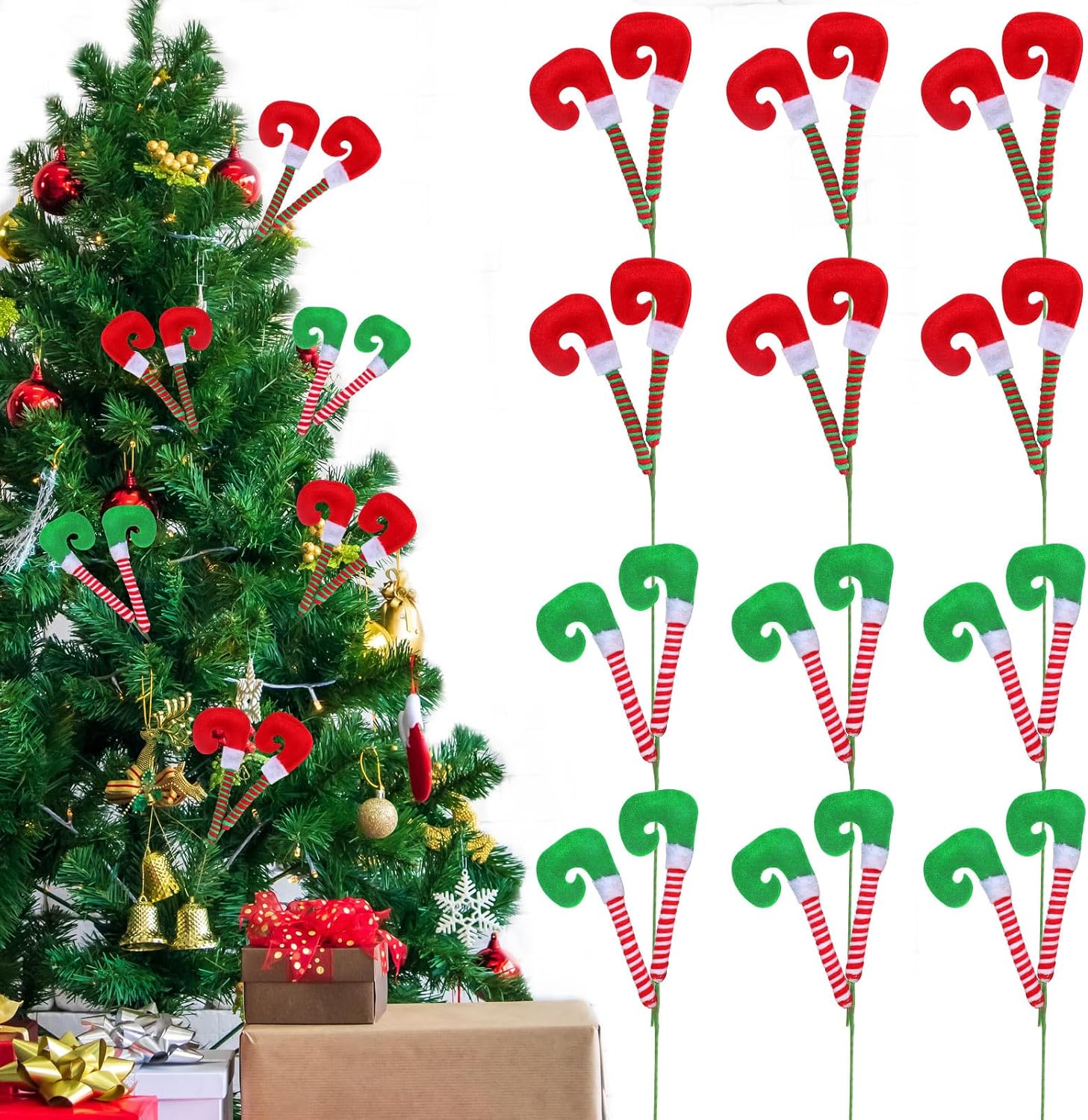 Wettarn 12 Pcs Christmas Elf Legs Picks Red, White, Green Tree Ornaments | Felt Striped Design with Wire, Festive Party Holiday Decor, Xmas Ornaments for Home, Curled Elf Feet Picks Add Whimsy