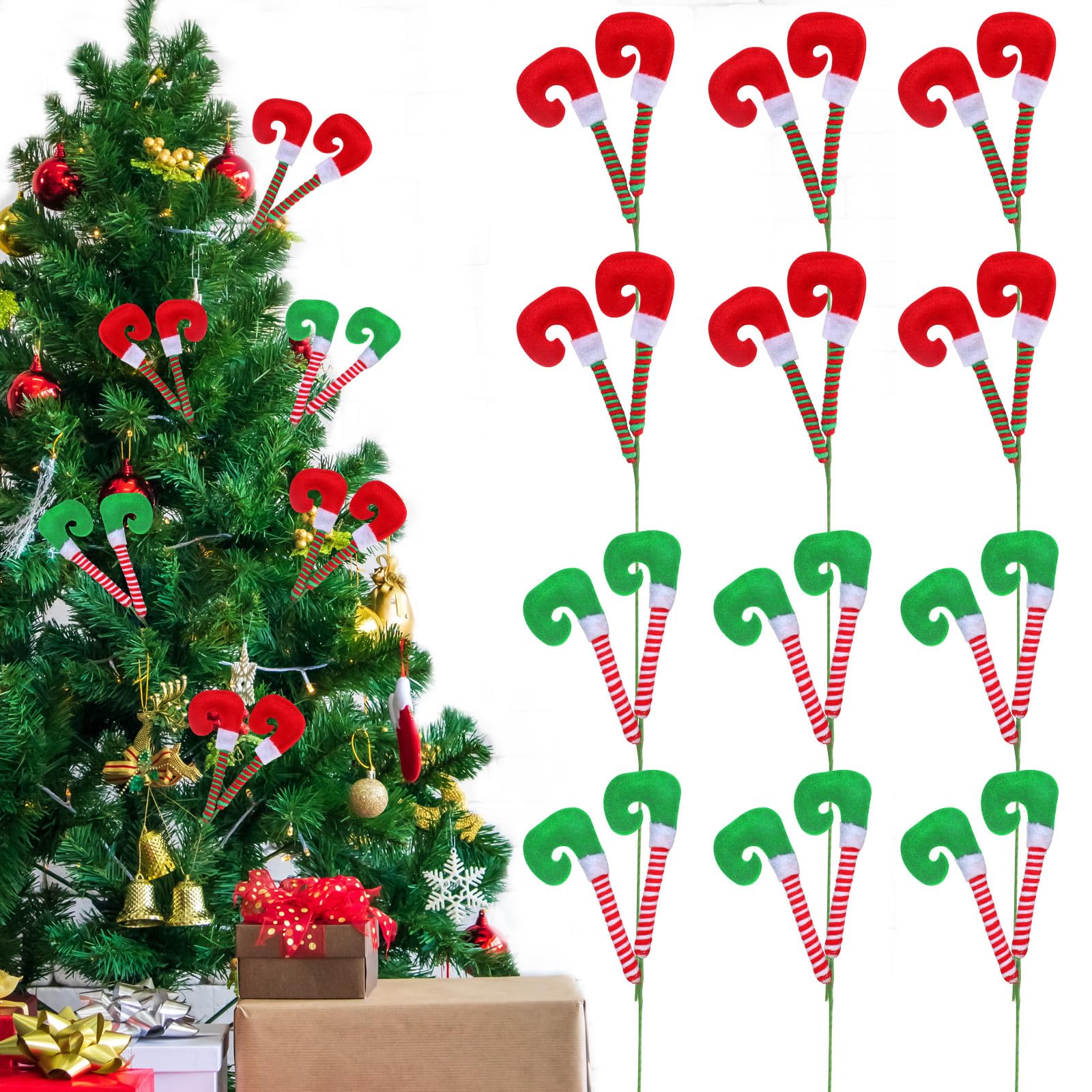 Wettarn 12 Pcs Christmas Elf Legs Picks Elf Feet Tree Ornaments with Fixed Wire Felt Striped Elf Feet Christmas Tree Decoration White Red Green Elf Feet Tree Pick for Party Xmas Holiday Decorations