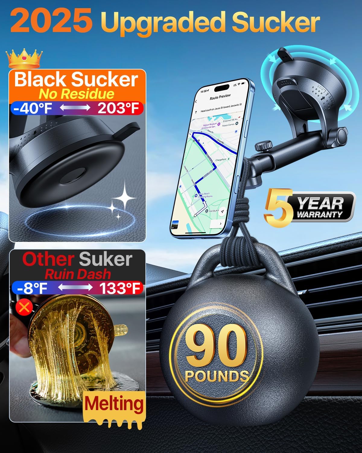 YRU [2026 Military-Grade] for Magsafe Car Mount [90+LBS Strong Suction] 360° Adjustable Magnetic Phone Holder for Car Dashboard Windshield Vent, Cradle for iPhone 17 16 15 14 13 12 Samsung, Black