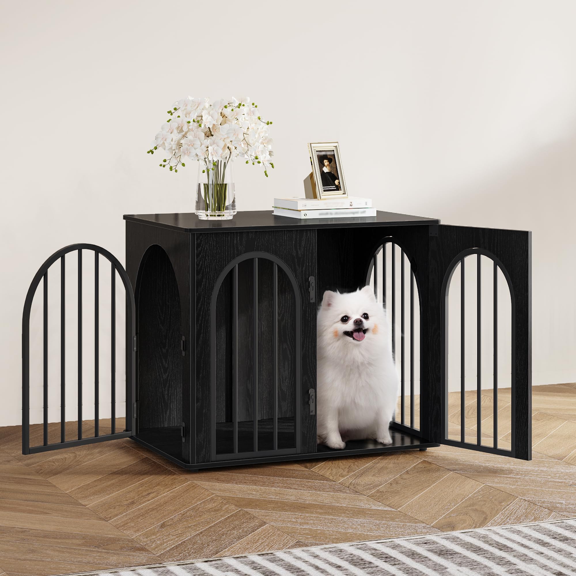 Hzuaneri 68cm Jaula para Perros, Mesa Auxiliar, casa Moderna para Perros, Jaula Perro pequeños para Casa de Madera, Jaula para Cachorros, 3 Puertas, Puerta arqueada, 49 x 68 x 56 cm, Negro