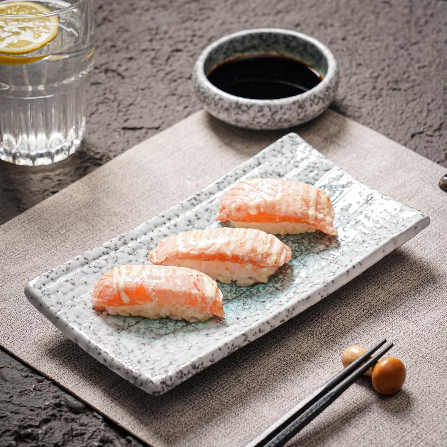 Uaral 6 Pieces Sushi Plate,Japanese Ceramic Sushi Serving Tray Set for Two,Sashimi Platter Set with 2 Soy Sauce Dishes,2 Pairs of Chopsticks,Light Blue