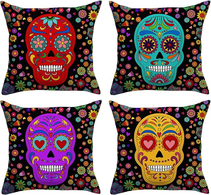 Dia De Los Muertos Sugar Skull Flower Cat Throw Pillow Covers 18x18 Set of 4 Day of The Dead Pillow Case Mexican Fiesta Party Decorations and Supplies