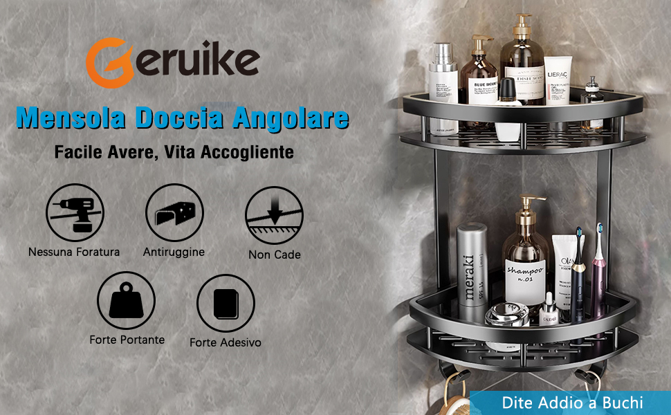 GERUIKE Mensola Doccia Angolare Senza Foratura Adesiva Porta Shampoo Doccia da Parete Organizer Bagno Portaoggetti Doccia Argento Sabbiato Brillante Alluminio 2 Pezzi Mensole Angolare Bagno