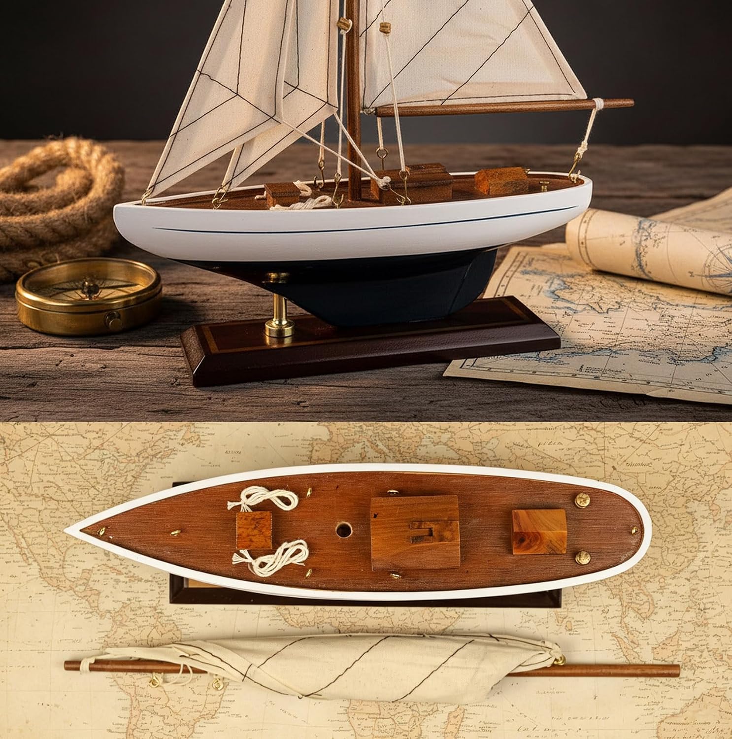 SAILINGSTORY Wooden Sailboat Decor Ship Model Navy/White