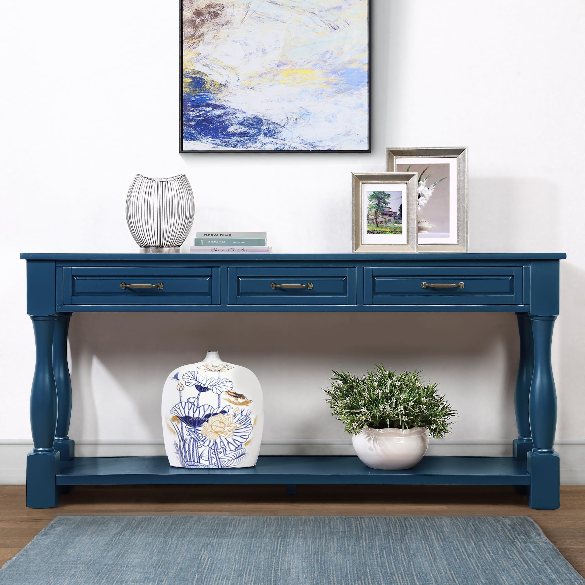 P PURLOVE Console Table for Entryway, Antique Style Wood Sofa Table with Storage Drawers and Bottom Shelf for Hallway Living Room (Navy Blue)