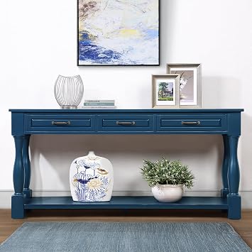 Console Table with Drawers, Antique Style Wood Sofa Table with Bottom Shelf for Entryway, Hallway, Living Room, Navy Blue