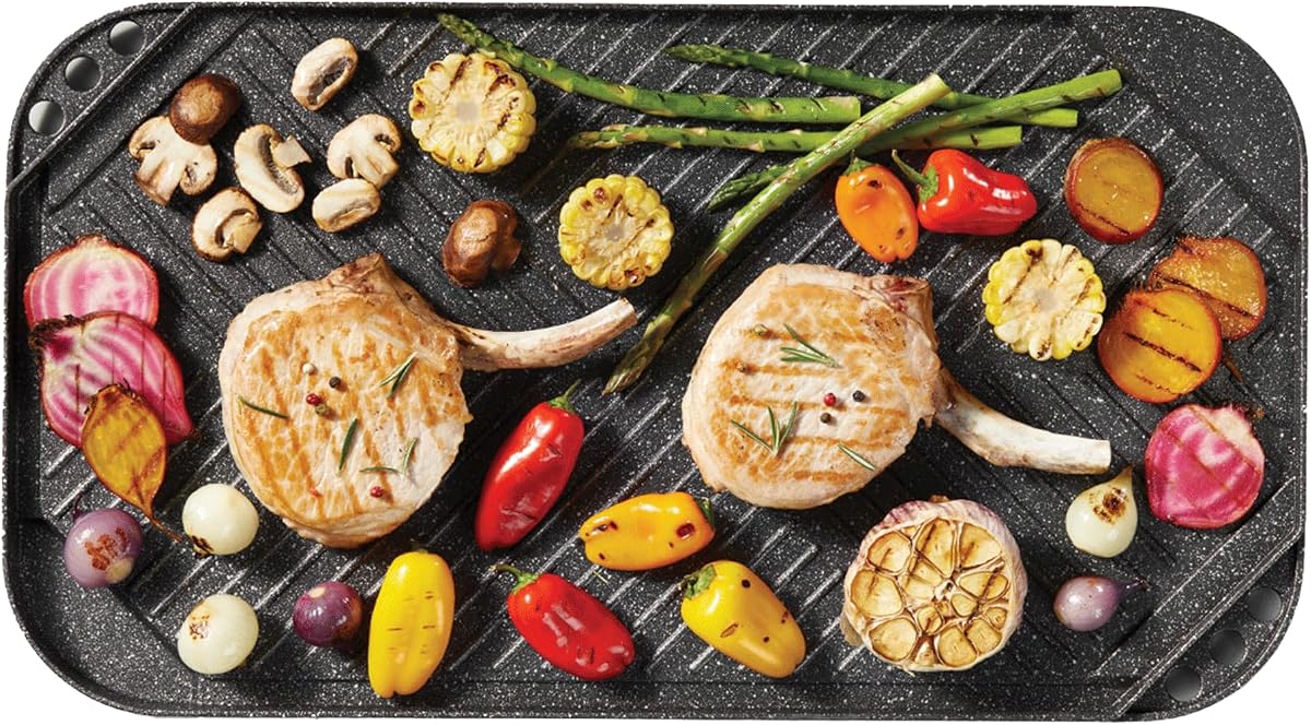 Starfrit The Rock Reversible Grill & Griddle, 50x28cm, Non-Stick | Reversible grill & griddle. For stovetop, BBQ & oven. Rock.Tec non-stick. Oven safe to 450°F. PFOA-free.