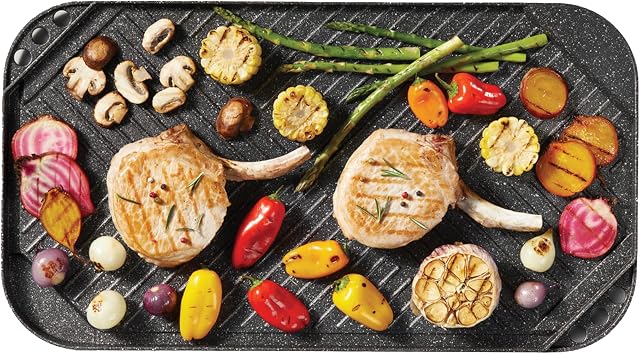 Starfrit Le Rocher 50x28cm (19.7" x 11") Grill réversible non permanent & Grinceau - Aluminium forgé durable - Sûre - PFOA Gratuit - Facile à nettoyer - noir