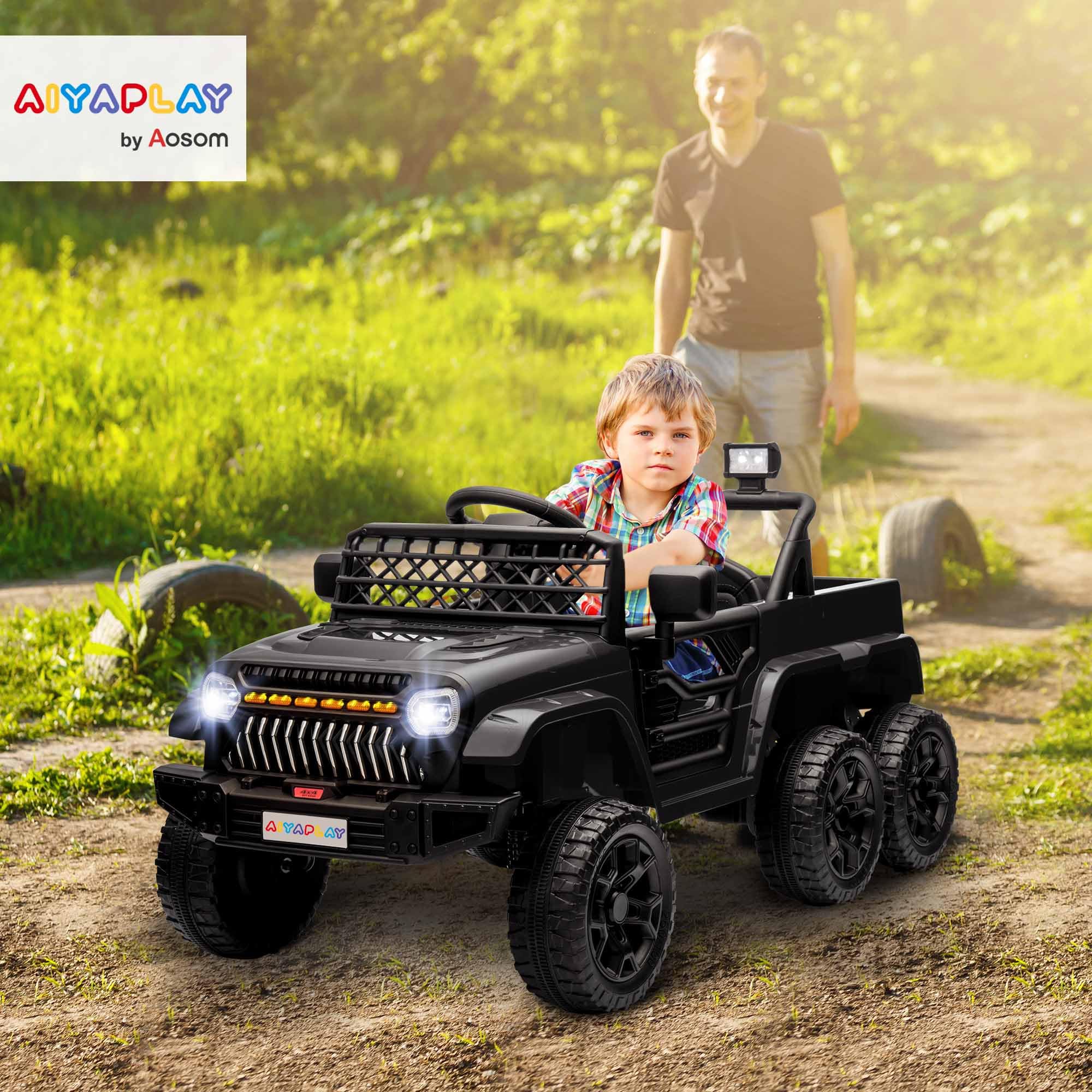 AIYAPLAY Kinder Elektroauto, 12 V Geländewagen mit 2,4G Fernbedienung， Anhänger, 4x4-Antrieb/2x2-Antrieb Kinderfahrzeug mit LED-Lichte, Sanft-Start, Musik, Hupe, 2,5-4 km/h, 3-8 Jahre, Schwarz